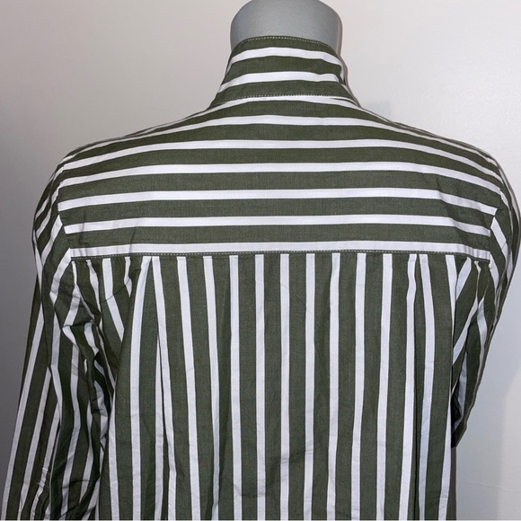 J Jill Button Down Shirt popover banded Mandarin collar cotton green stripe XS - Picture 7 of 10